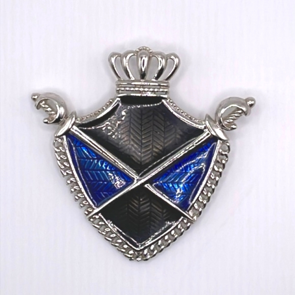 Monet Vintage Silver Tone Blue Black Enameled Shield Pin Brooch
